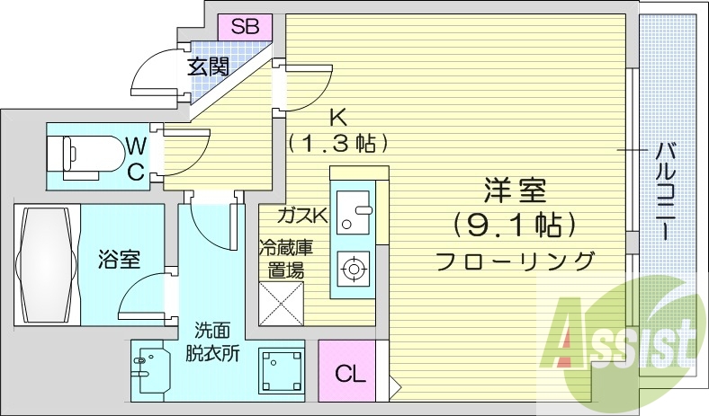 1K、都市ガス、ガス暖房、オートロック、防犯カメラ