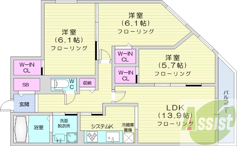 3LDK、エアコン、独立洗面台、追い焚き、システムキッチン