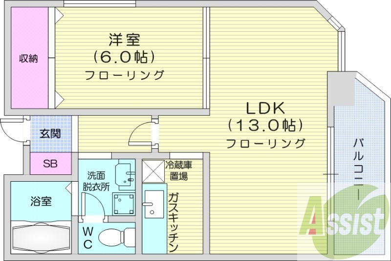 1LDK、角部屋、バストイレ別、ネット無料、最上階