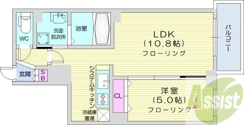 1LDK、システムキッチン、ロードヒーティング、エアコン