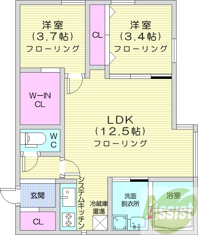 2LDK、エアコン、システムキッチン、ネット無料