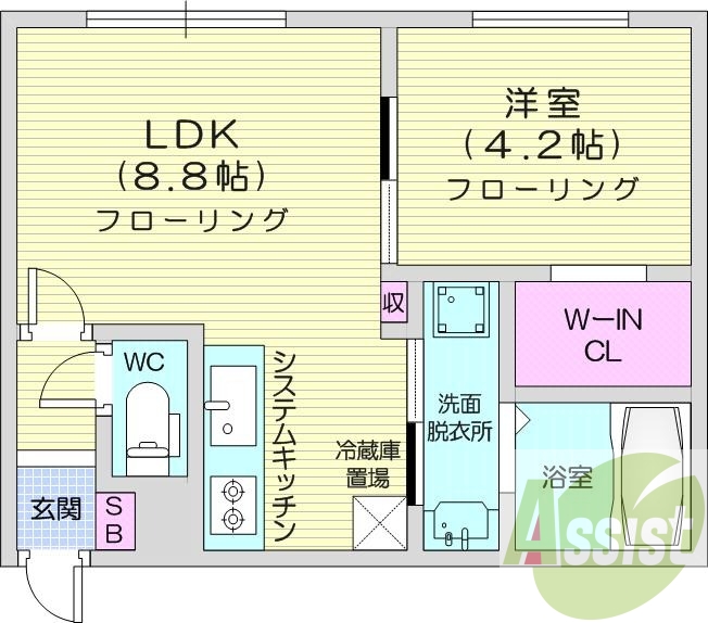1LDK、エアコン、システムキッチン、ネット無料