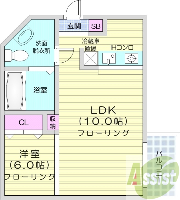 1LDK、オートロック、ガスFF暖房、バストイレ別