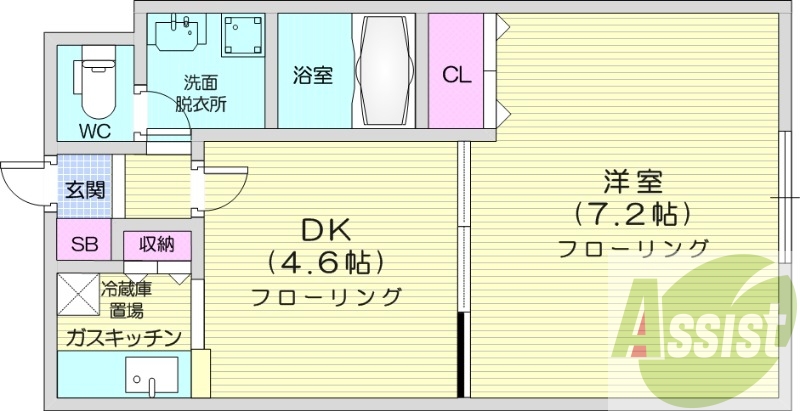 1DK、シャワートイレ、都市ガス、バス・トイレ別
