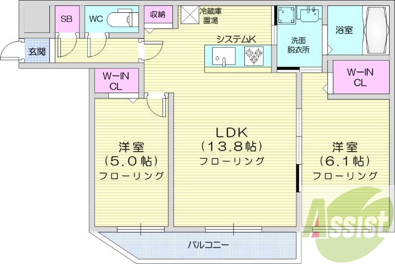 2LDK、システムキッチン、エアコン、都市ガス