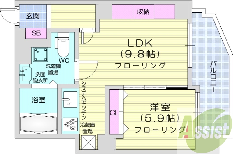 1LDK、バルコニー、クローゼット、追い焚き、浴室乾燥機