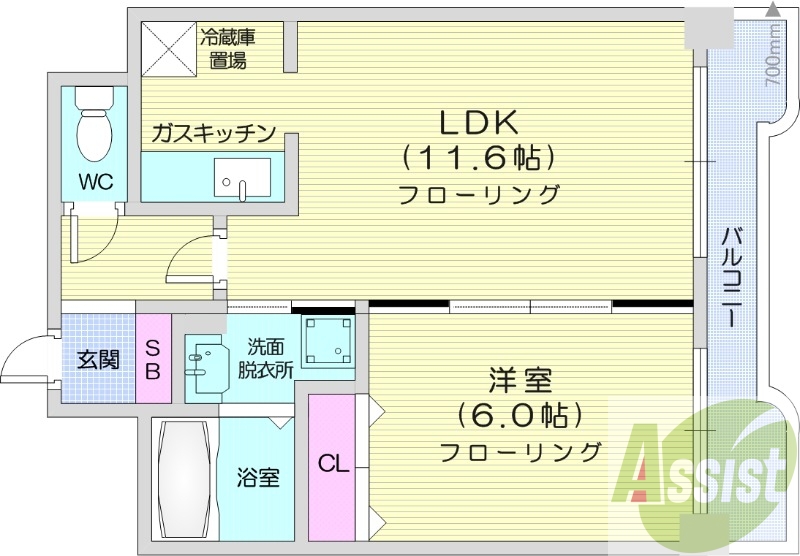 1LDK、洗面脱衣所、バストイレ別、オートロック