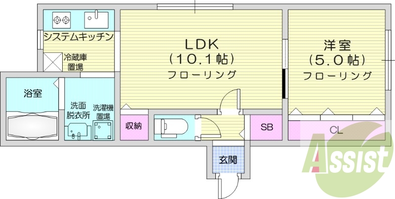 1LDK、角部屋、システムキッチン、エアコン、ネット無料