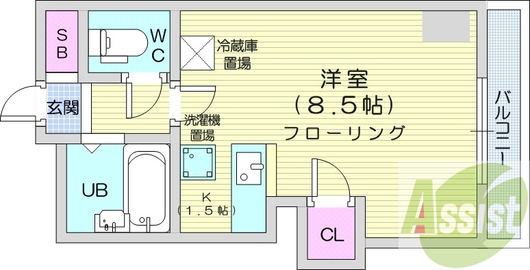1K、オートロック、ガスFF暖房、対面キッチン
