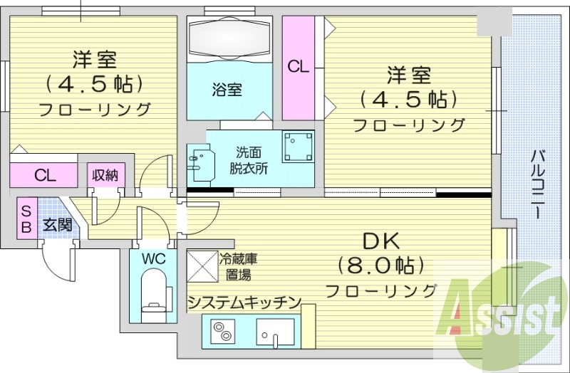 2DK、オートロック、エアコン、角部屋、電気暖房