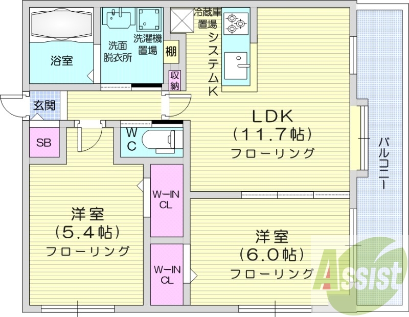 2LDK、エアコン、追い焚き、浴室乾燥機、システムキッチン