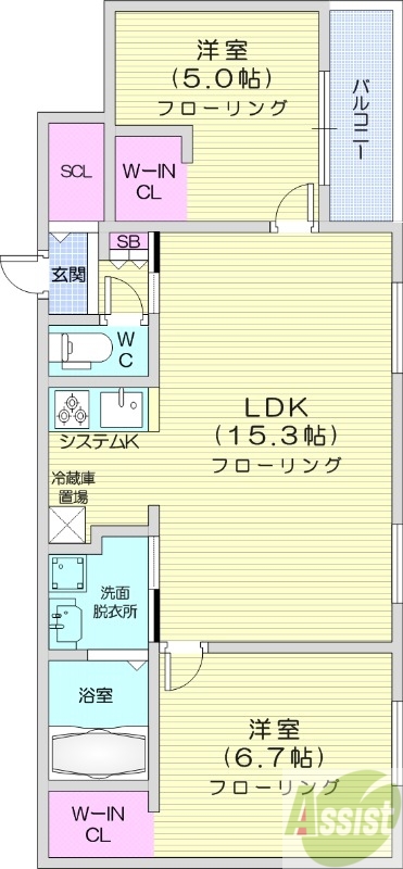 2LDK、都市ガス、エアコン、浴室乾燥機、追い焚き