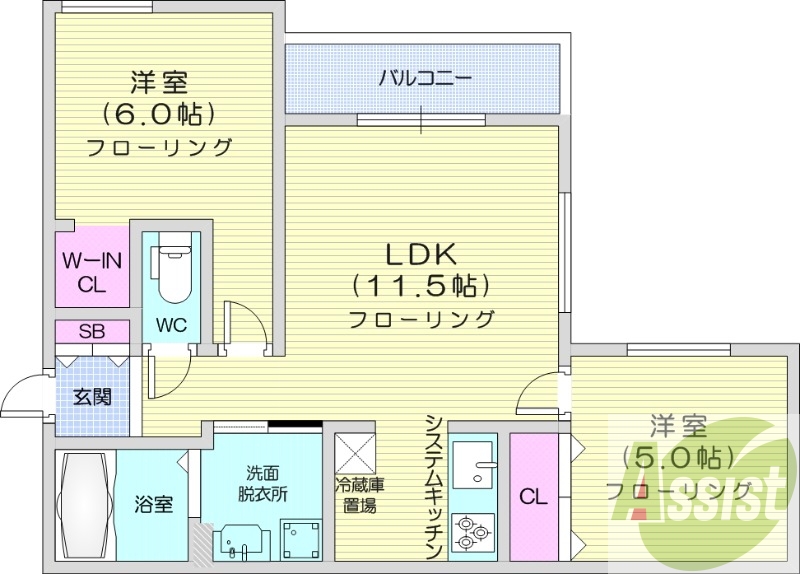 2LDK、都市ガス、エアコン、浴室乾燥機、追い焚き