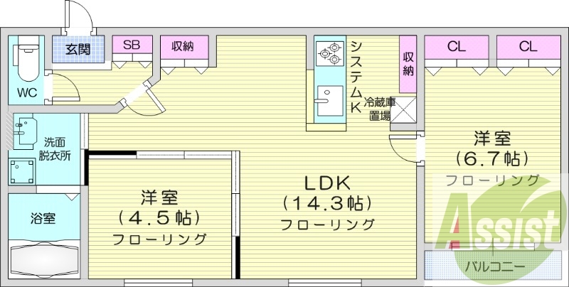 2LDK、都市ガス、エアコン、浴室乾燥機、追い焚き