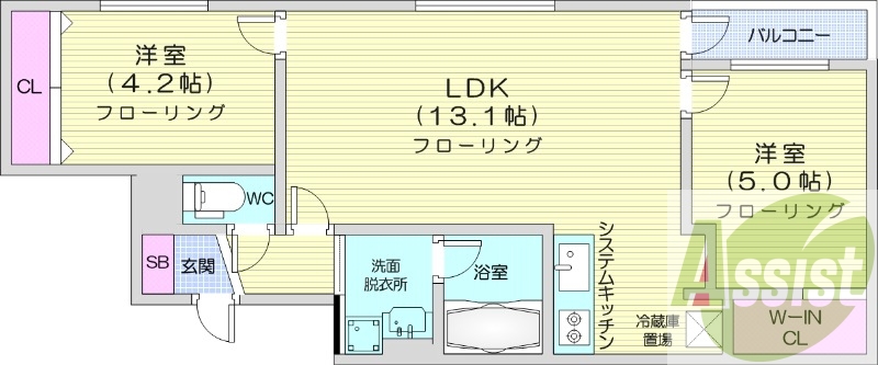 2LDK、都市ガス、エアコン、システムキッチン