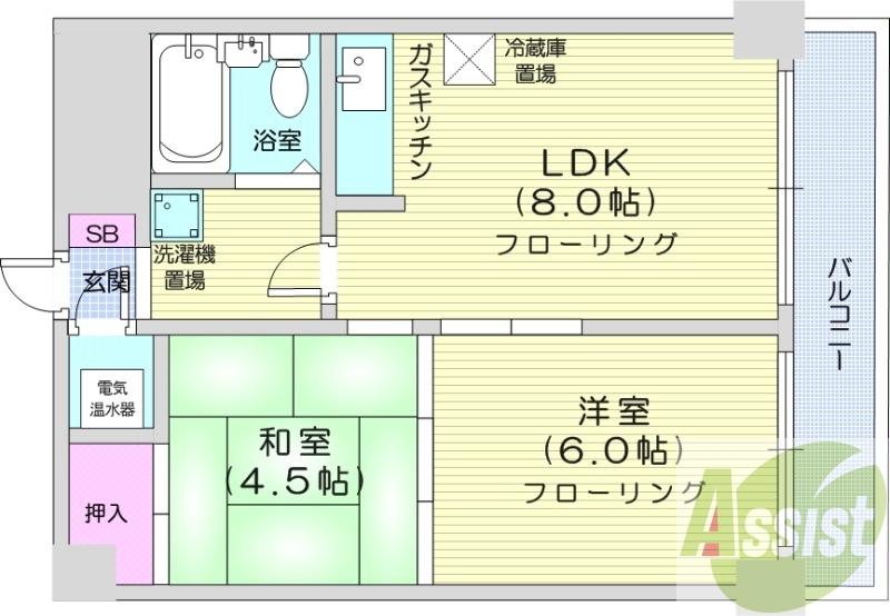 2LDK、都市ガス、ガス暖房、エレベーター