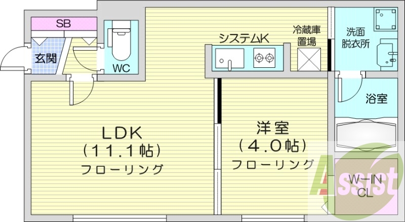 1LDK、都市ガス、エアコン、システムキッチン