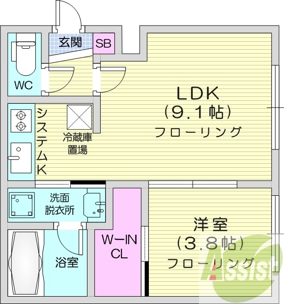 1LDK、都市ガス、ネット無料、ウォークインクロゼット