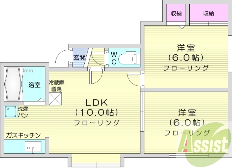 2LDK、バストイレ別、室内洗濯機置場、無料駐車場