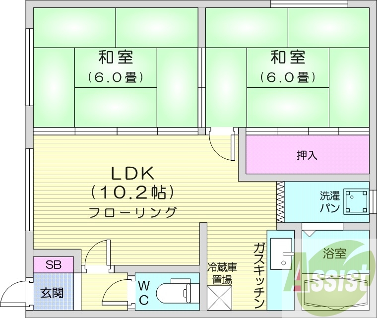 2LDK、エアコン、灯油暖房、角部屋、カメラ付きインターホン