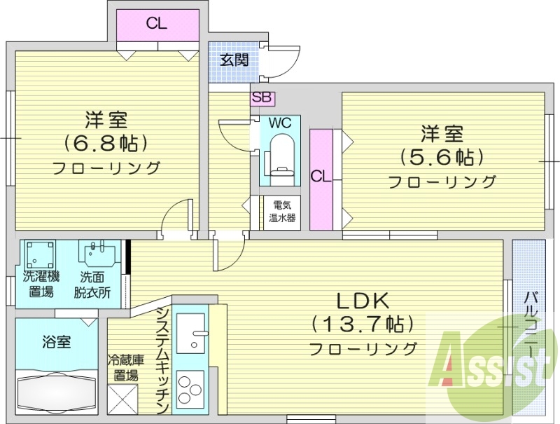 2LDK、オール電化、エアコン、独立洗面台、システムキッチン