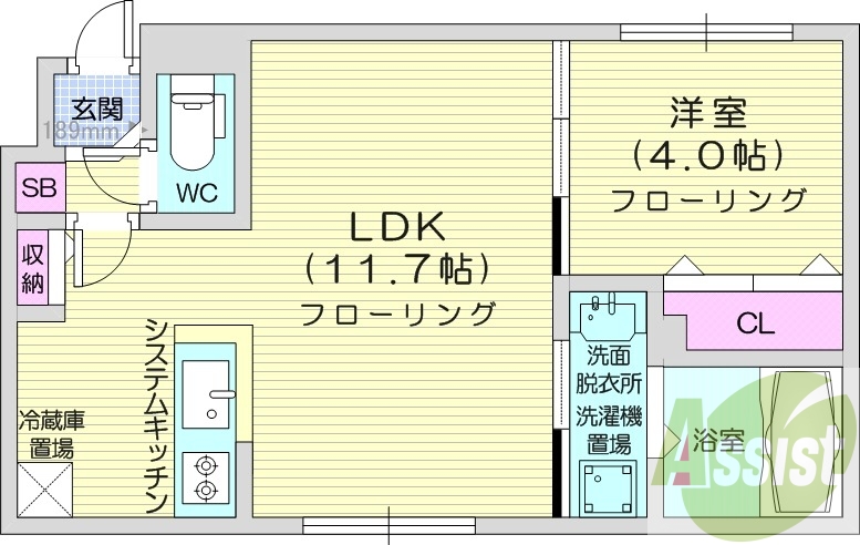 1LDK、システムキッチン、エアコン、都市ガス