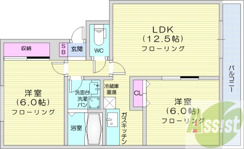 2LDK、灯油暖房、室内洗濯機置場、バストイレ別