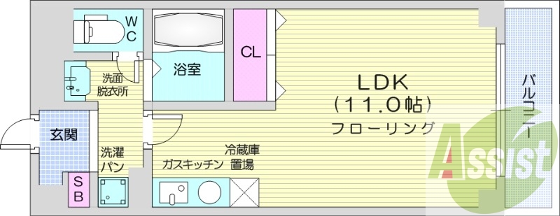 1LDK、シャンプードレッサー、ガスFF暖房、バルコニー