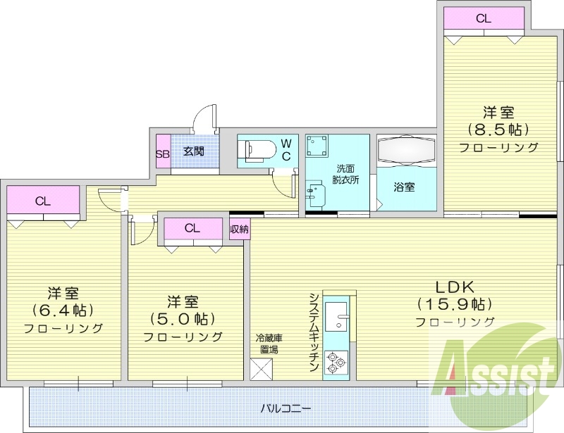 3LDK、エアコン、都市ガス、追い焚き、浴室乾燥機