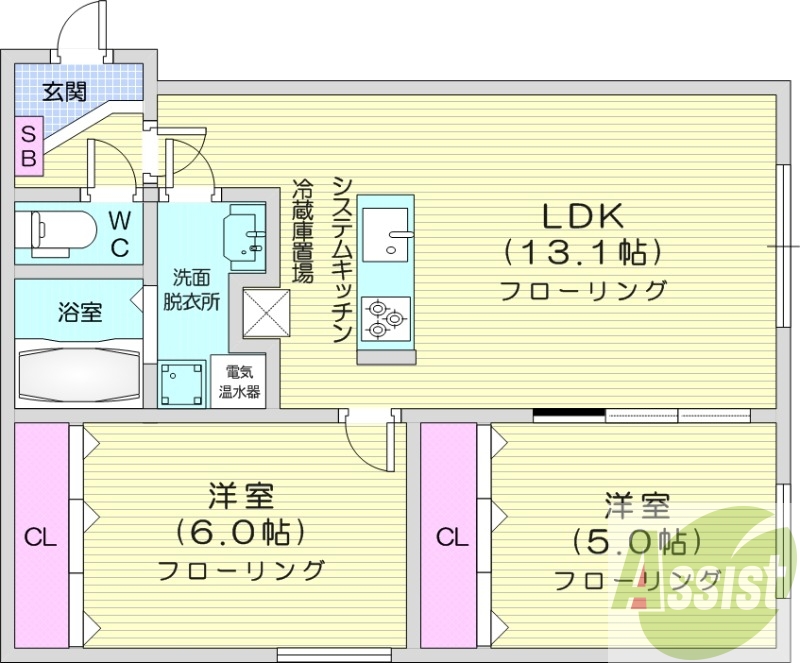2LDK、都市ガス、システムキッチン、ウォークインクロゼット