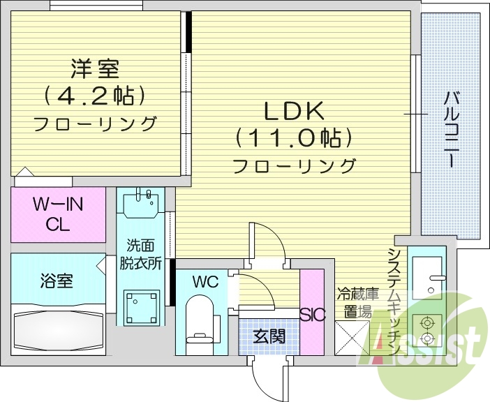 1LDK、エアコン、床暖房、システムキッチン、ネット無料