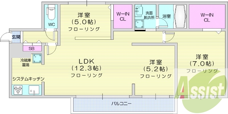 3LDK、エアコン、システムキッチン、宅配ボックス