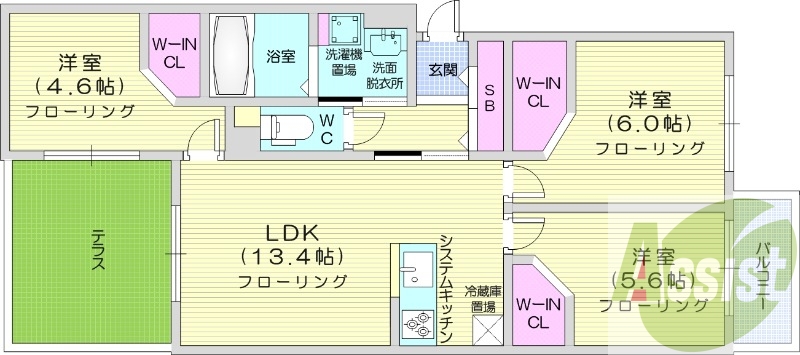 3LDK、エアコン、ガスリミット制、システムキッチン