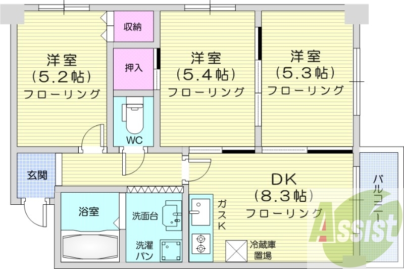 3LDK、エアコン、灯油暖房、シャワートイレ、バルコニー