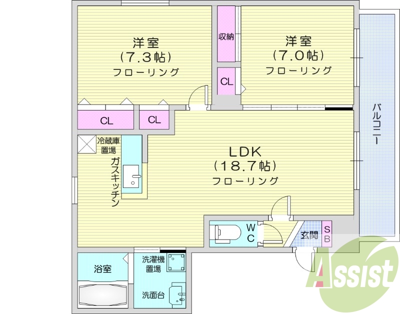 2LDK、シャワートイレ、灯油暖房、対面キッチン