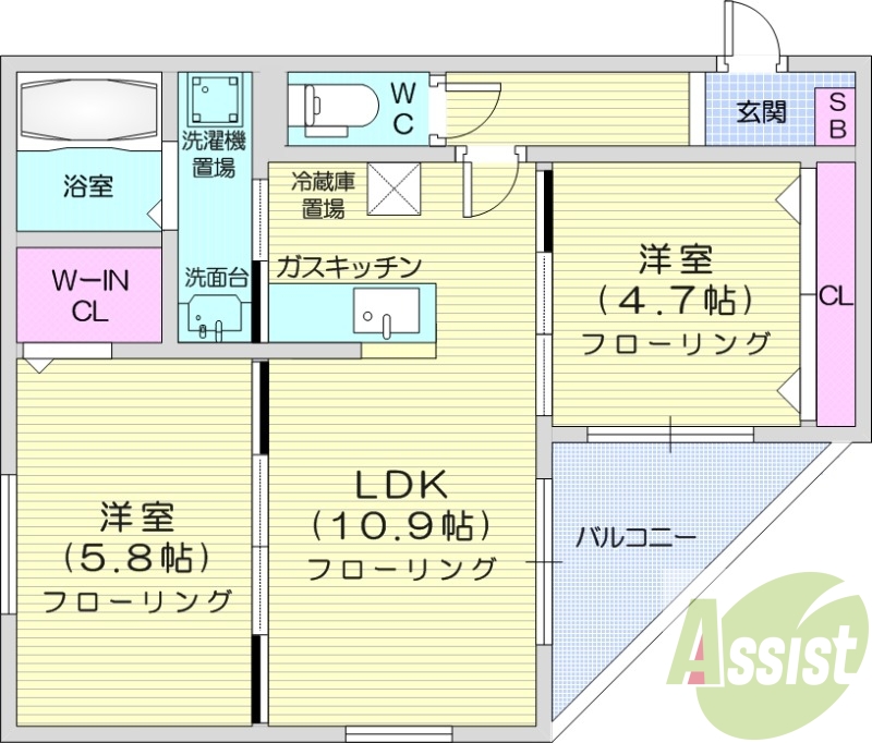 2LDK、エアコン、バルコニー、クローゼット