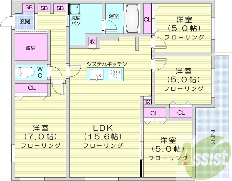 4LDK、都市ガス、システムキッチン、浴室乾燥機