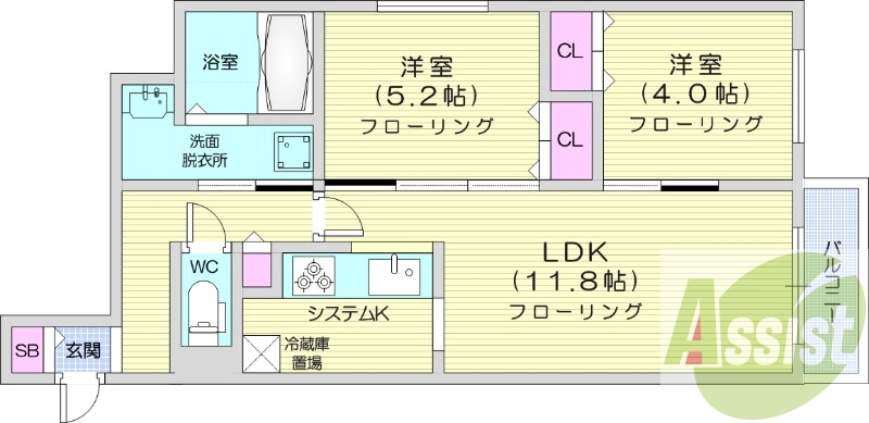 2LDK、都市ガス、システムキッチン、TV付きモニターフォン