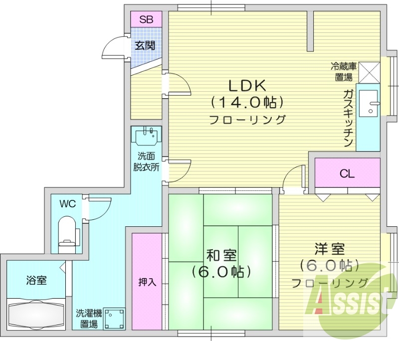 2LDK、灯油暖房、収納、インターホン、洗濯機置場
