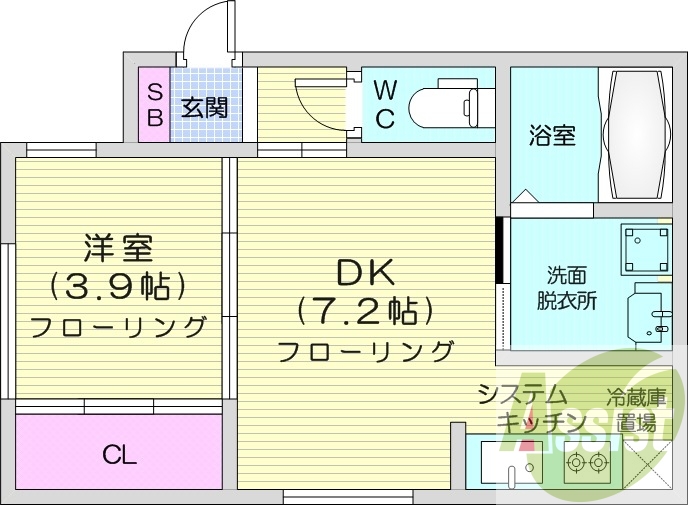 1DK、エアコン、システムキッチン、独立洗面台
