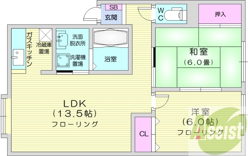 2LDK、ネット使用料不要、モニタ付インターホン