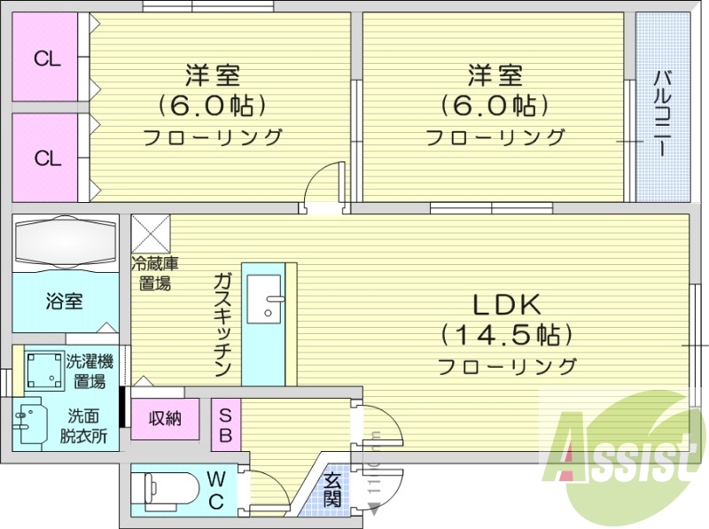 2LDK、都市ガス、対面キッチン、ガス暖房、