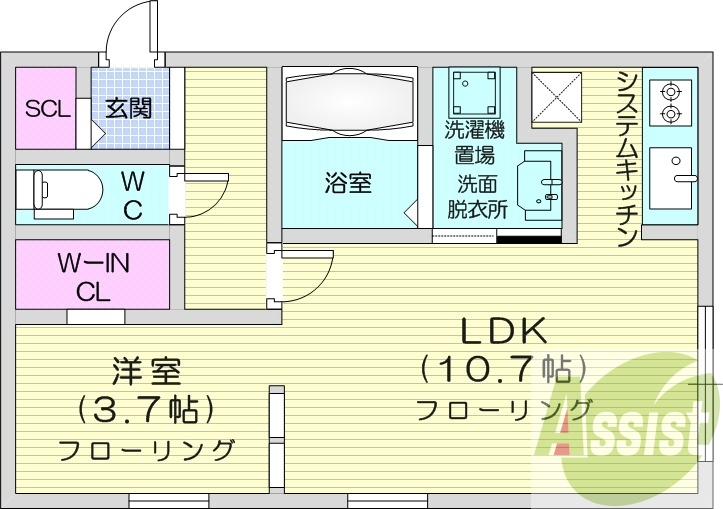1LDK、都市ガス、エアコン、システムキッチン、宅配ボックス