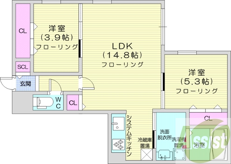 2LDK、都市ガス、エアコン、システムキッチン、宅配ボックス