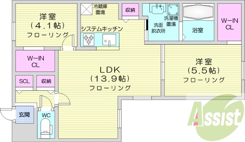 2LDK、都市ガス、エアコン、システムキッチン、宅配ボックス