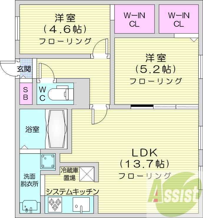 2LDK、浴室乾燥機、エアコン、インターネット無料