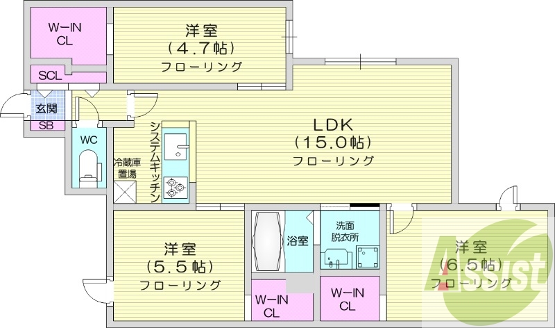 3LDK、浴室乾燥機、エアコン、インターネット無料