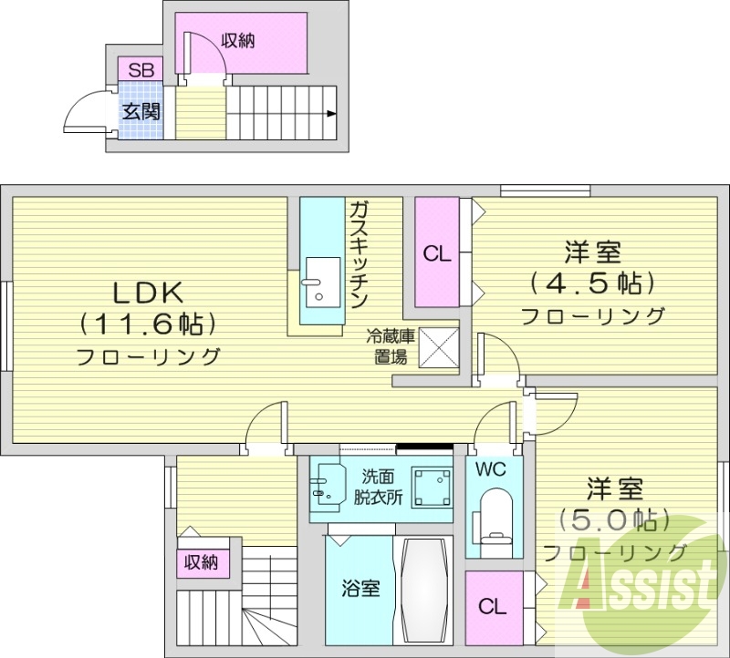 2LDK、対面キッチン、モニター付きインターホン