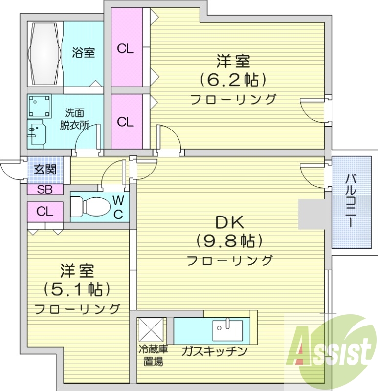 2LDK、オートロック、カウンターキッチン