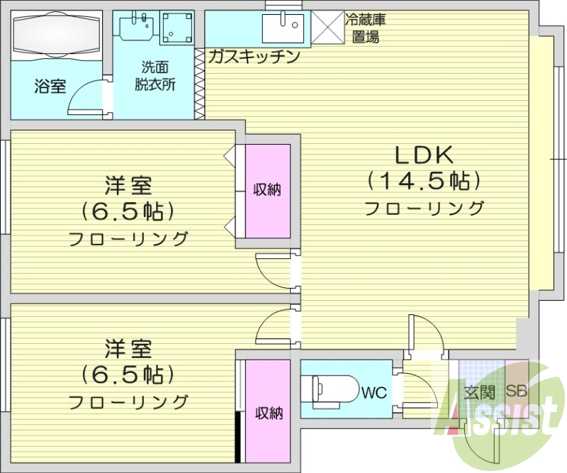2LDK、独立洗面台、バストイレ別、室内洗濯機置場